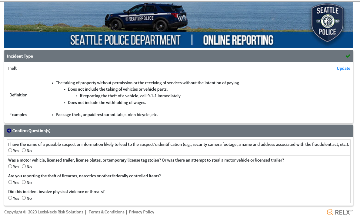 시애틀 경찰국 온라인 범죄 신고 접수 스크린 캡쳐 이미지 #3